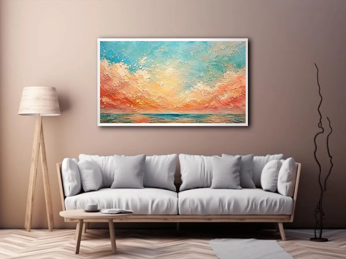 Pastel coastal seascape canvas art for calming bedroom or living room wall decor.