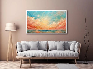 Pastel coastal seascape canvas art for calming bedroom or living room wall decor.