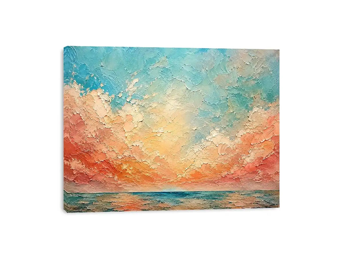 Pastel coastal seascape canvas art for calming bedroom or living room wall decor.