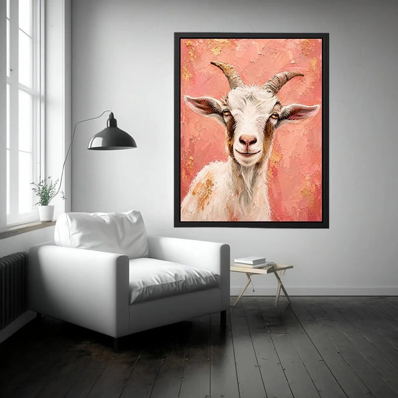 Pink goat portrait canvas art for playful farmhouse bedroom or nursery wall decor.