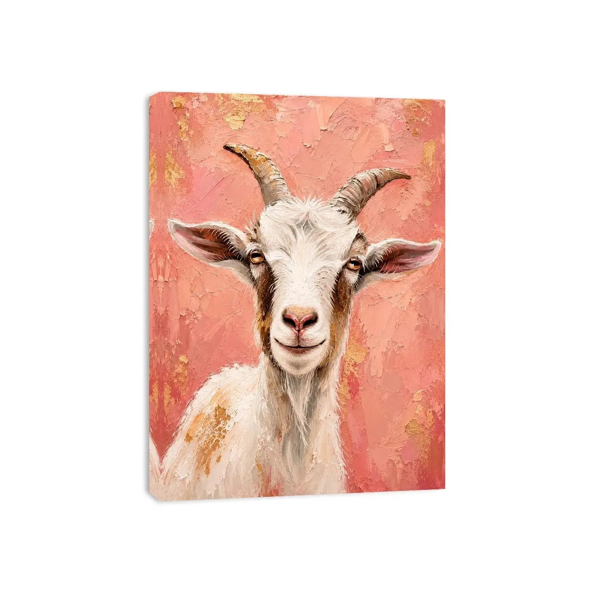 Pink goat portrait canvas art for playful farmhouse bedroom or nursery wall decor.