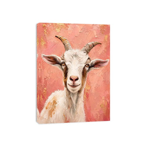 Pink goat portrait canvas art for playful farmhouse bedroom or nursery wall decor.