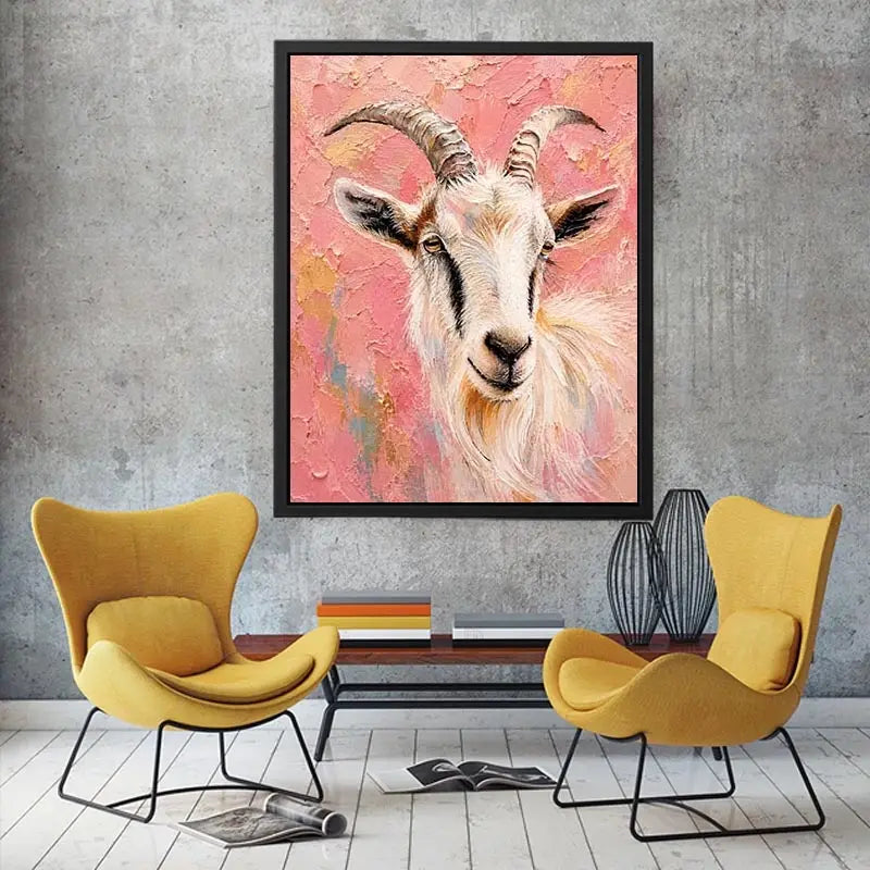 Blush goat portrait canvas art for whimsical farmhouse bedroom or nursery decor.