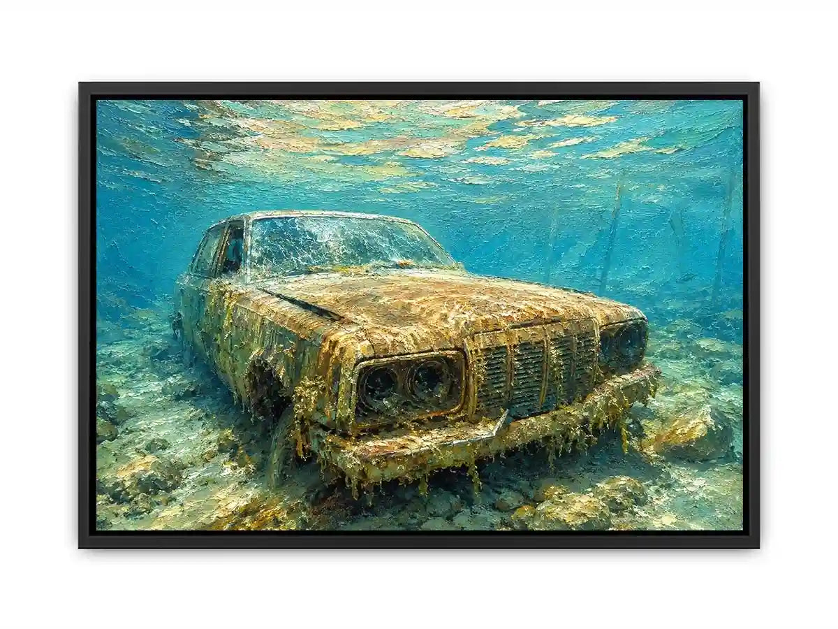 Underwater vintage car canvas art for modern office or industrial living room decor.