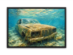 Underwater vintage car canvas art for modern office or industrial living room decor.