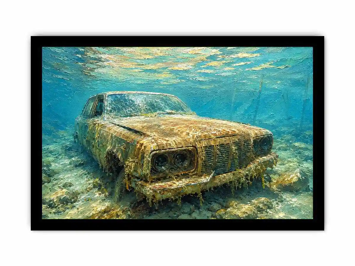 Underwater vintage car canvas art for modern office or industrial living room decor.