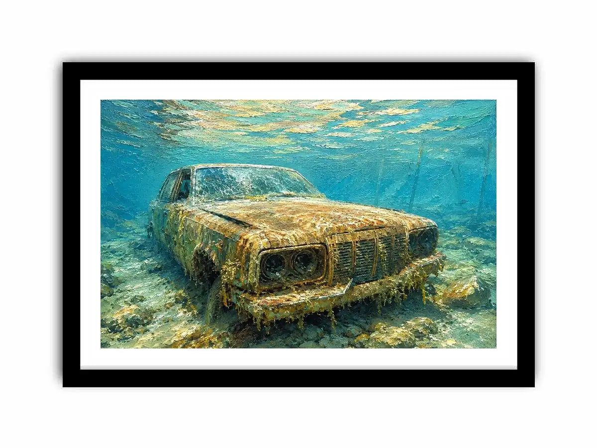 Underwater vintage car canvas art for modern office or industrial living room decor.