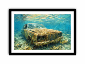 Underwater vintage car canvas art for modern office or industrial living room decor.