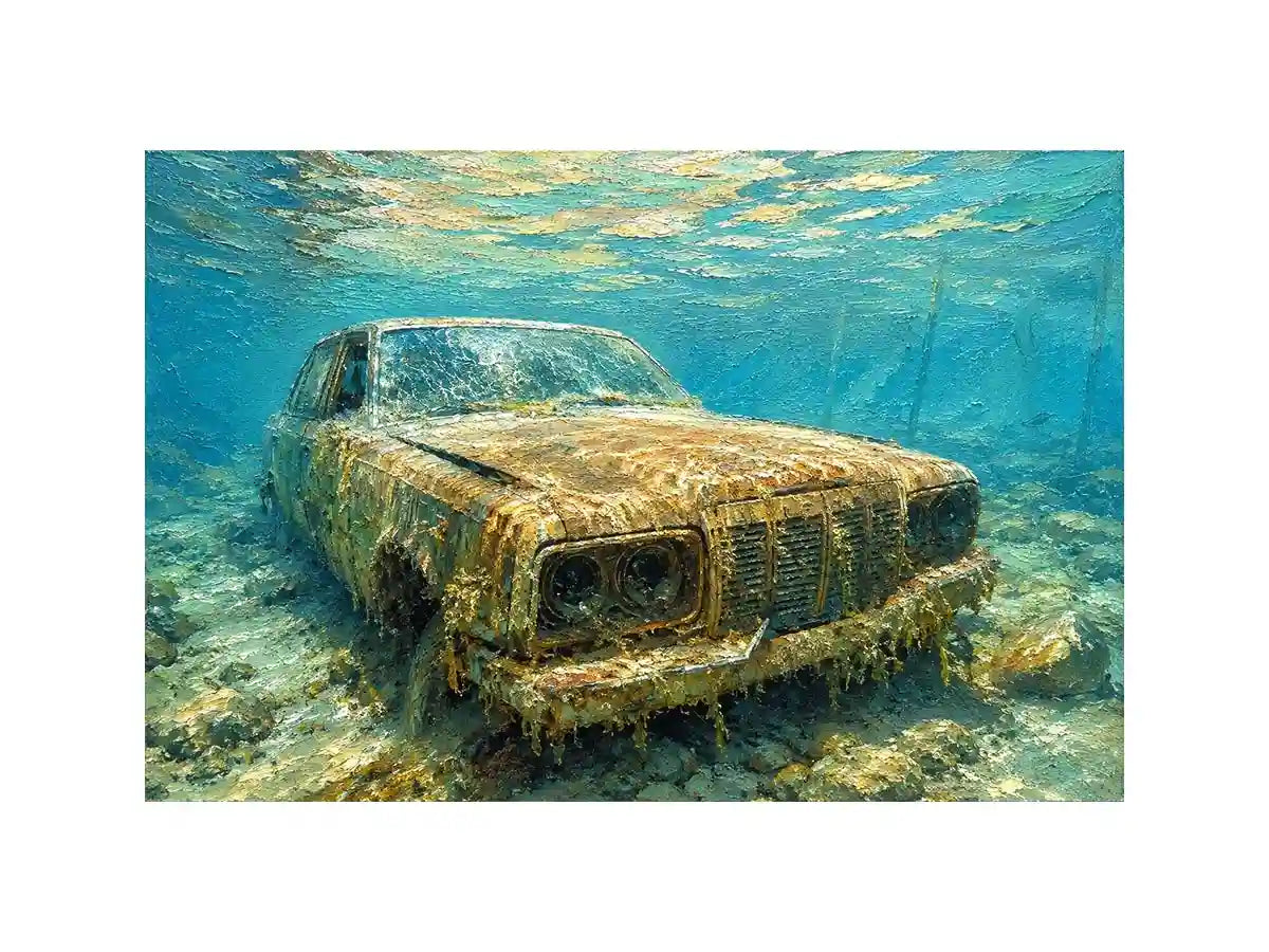 Underwater vintage car canvas art for modern office or industrial living room decor.