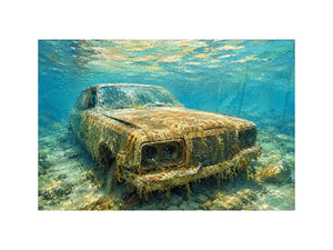 Underwater vintage car canvas art for modern office or industrial living room decor.