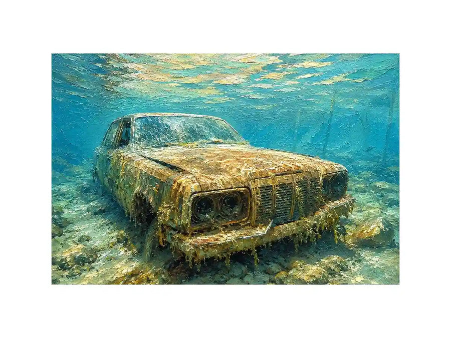 Underwater vintage car canvas art for modern office or industrial living room decor.