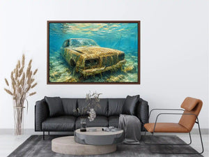 Underwater vintage car canvas art for modern office or industrial living room decor.