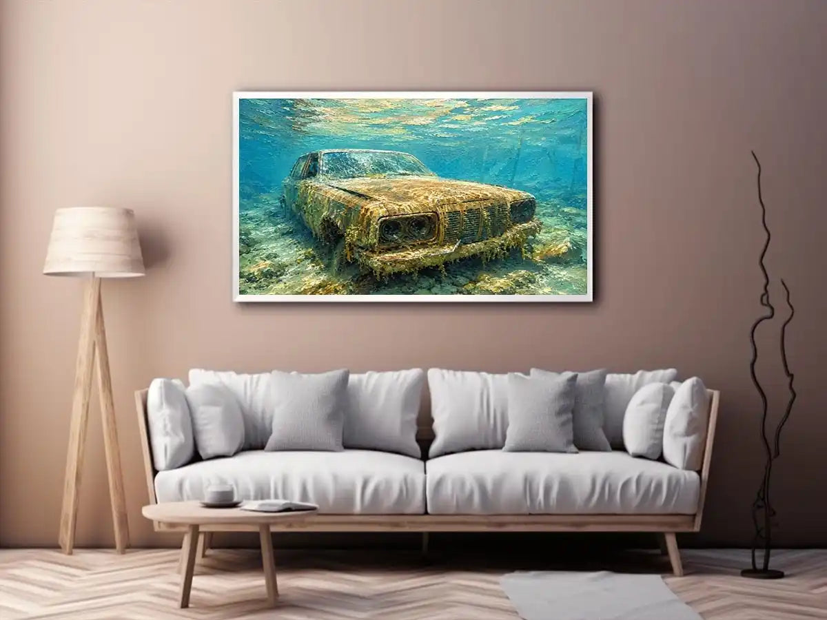 Underwater vintage car canvas art for modern office or industrial living room decor.
