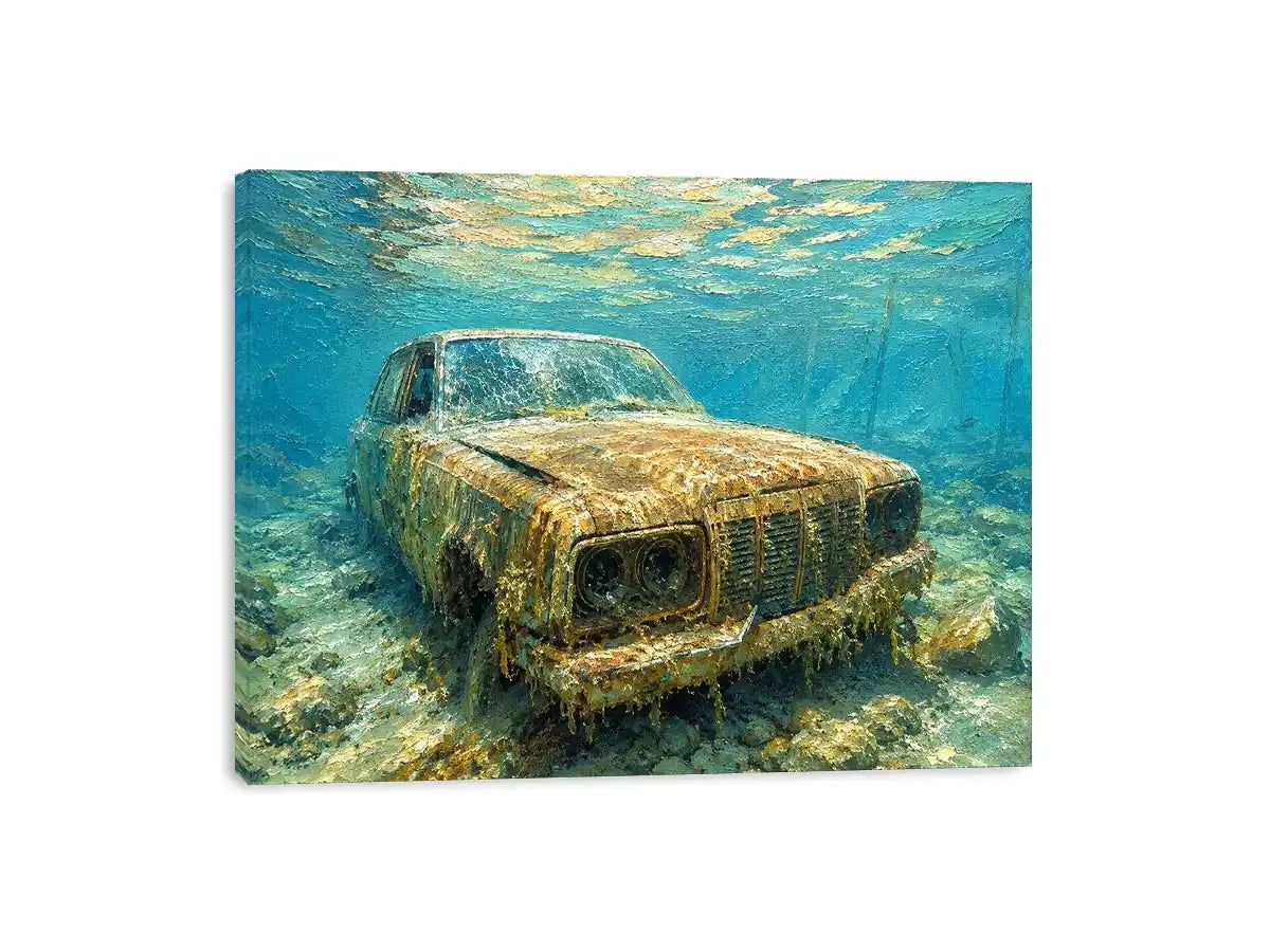 Underwater vintage car canvas art for modern office or industrial living room decor.
