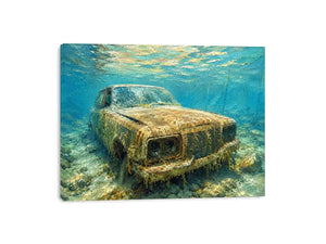 Underwater vintage car canvas art for modern office or industrial living room decor.