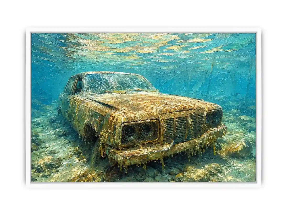 Underwater vintage car canvas art for modern office or industrial living room decor.