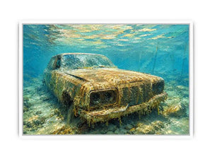 Underwater vintage car canvas art for modern office or industrial living room decor.