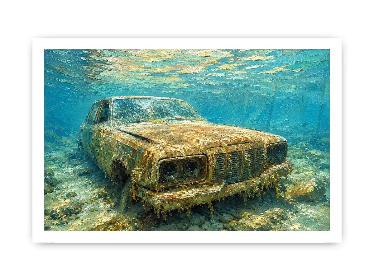 Underwater vintage car canvas art for modern office or industrial living room decor.