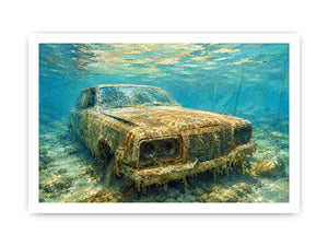 Underwater vintage car canvas art for modern office or industrial living room decor.