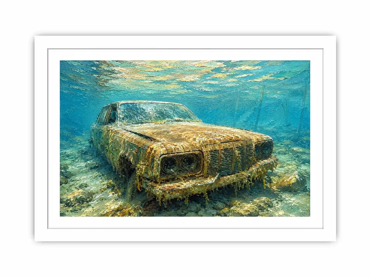 Underwater vintage car canvas art for modern office or industrial living room decor.