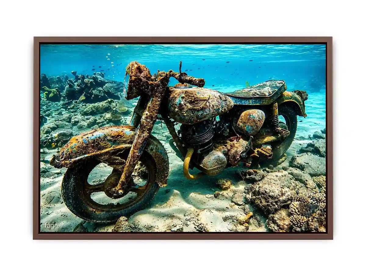 Underwater vintage motorcycle canvas art for industrial office or man cave wall decor.