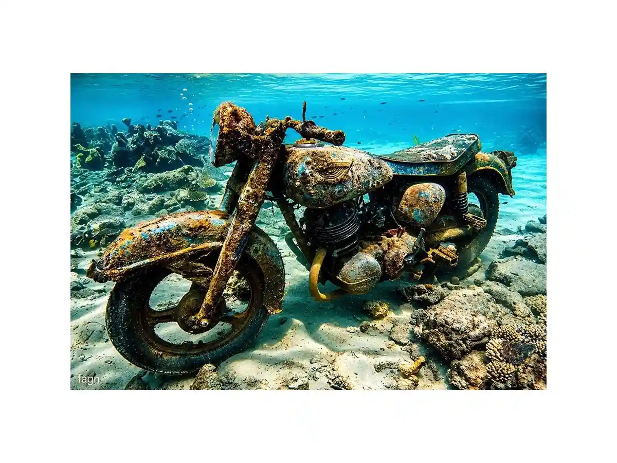Underwater vintage motorcycle canvas art for industrial office or man cave wall decor.