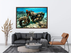Underwater vintage motorcycle canvas art for industrial office or man cave wall decor.