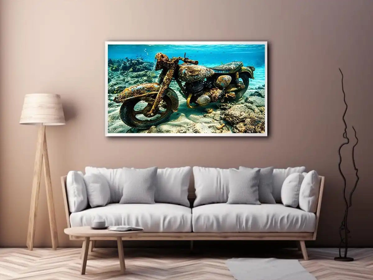 Underwater vintage motorcycle canvas art for industrial office or man cave wall decor.