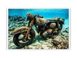 Underwater vintage motorcycle canvas art for industrial office or man cave wall decor.