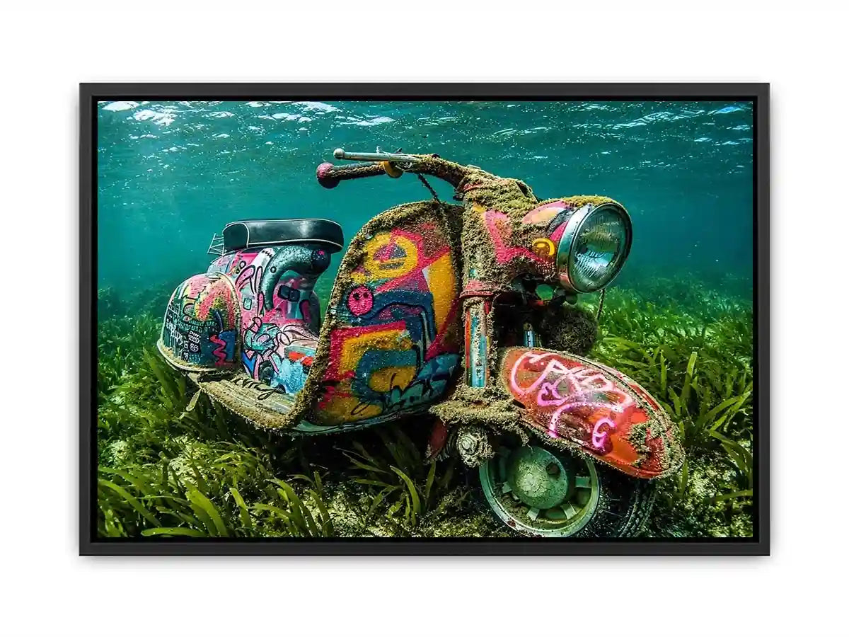 Underwater graffiti scooter canvas art for gaming room or modern office wall decor.