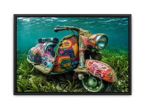 Underwater graffiti scooter canvas art for gaming room or modern office wall decor.
