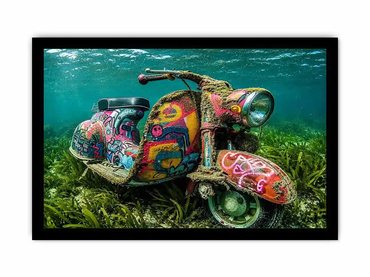 Underwater graffiti scooter canvas art for gaming room or modern office wall decor.