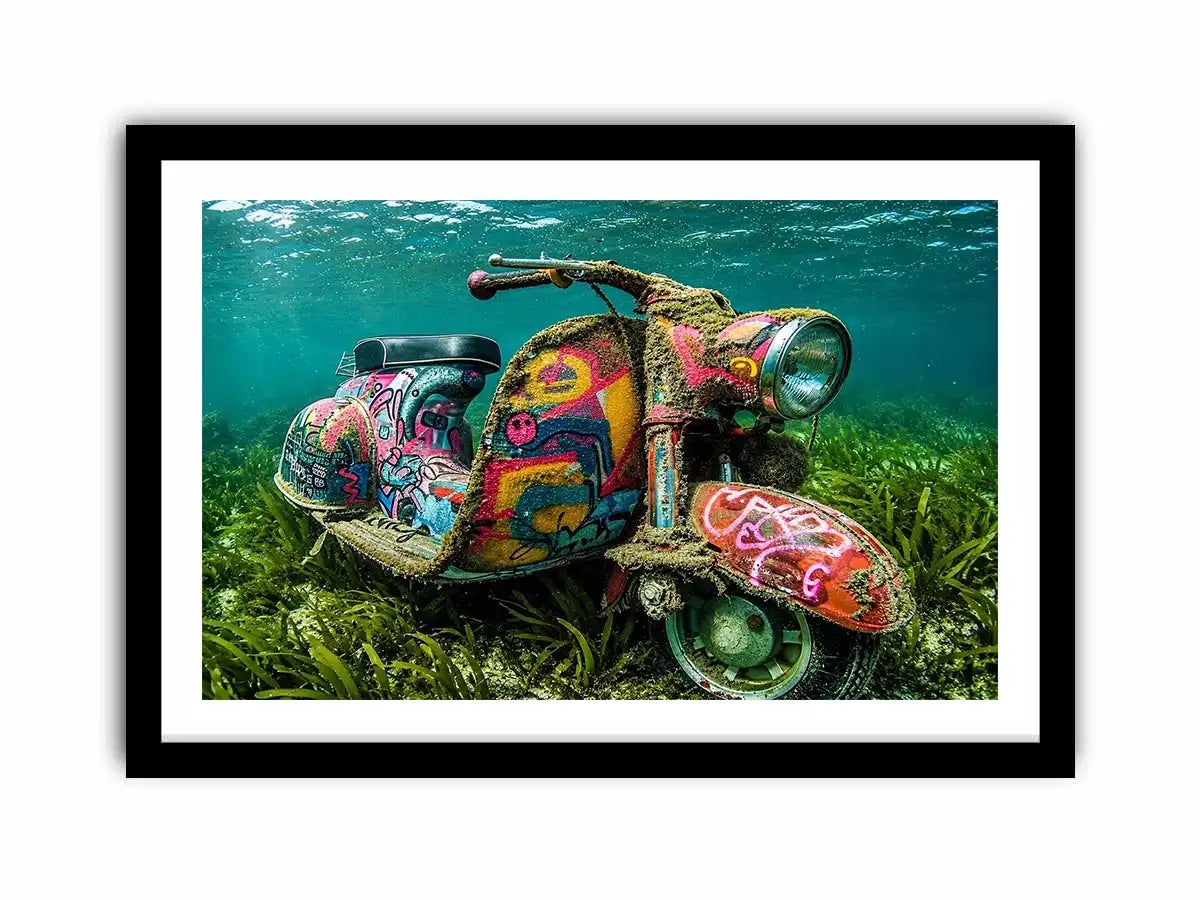 Underwater graffiti scooter canvas art for gaming room or modern office wall decor.