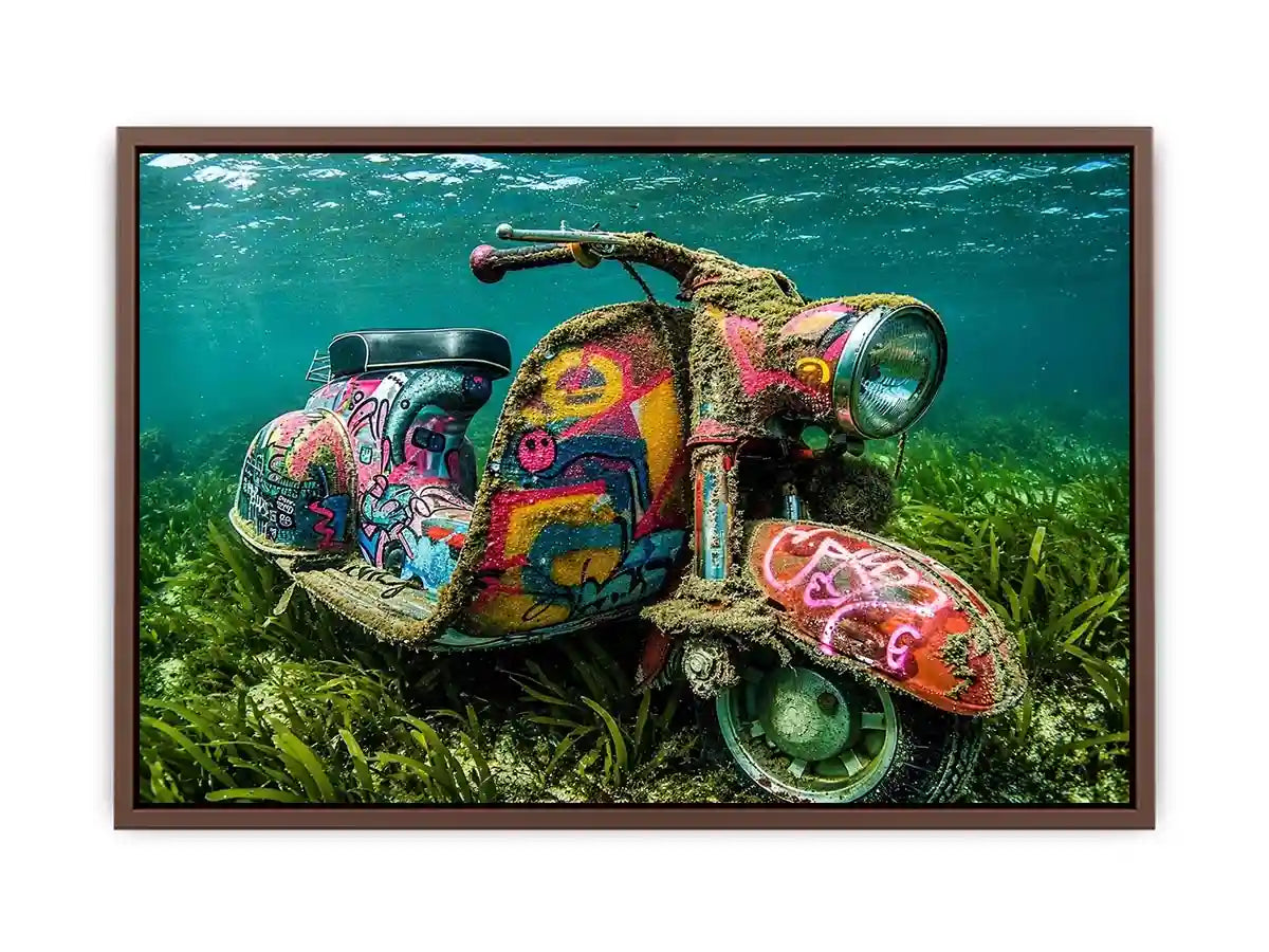 Underwater graffiti scooter canvas art for gaming room or modern office wall decor.