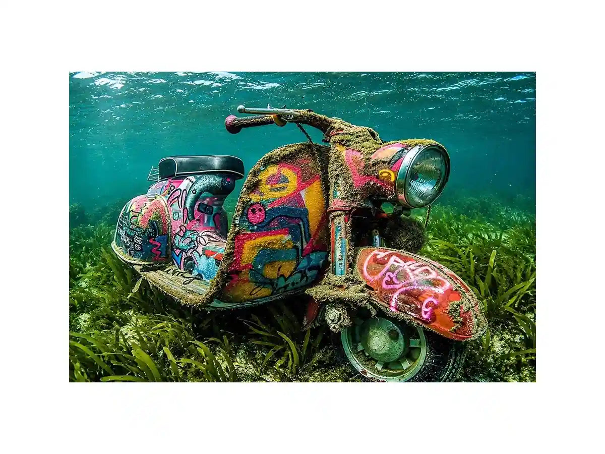 Underwater graffiti scooter canvas art for gaming room or modern office wall decor.