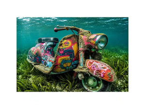 Underwater graffiti scooter canvas art for gaming room or modern office wall decor.
