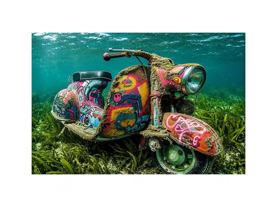 Underwater graffiti scooter canvas art for gaming room or modern office wall decor.
