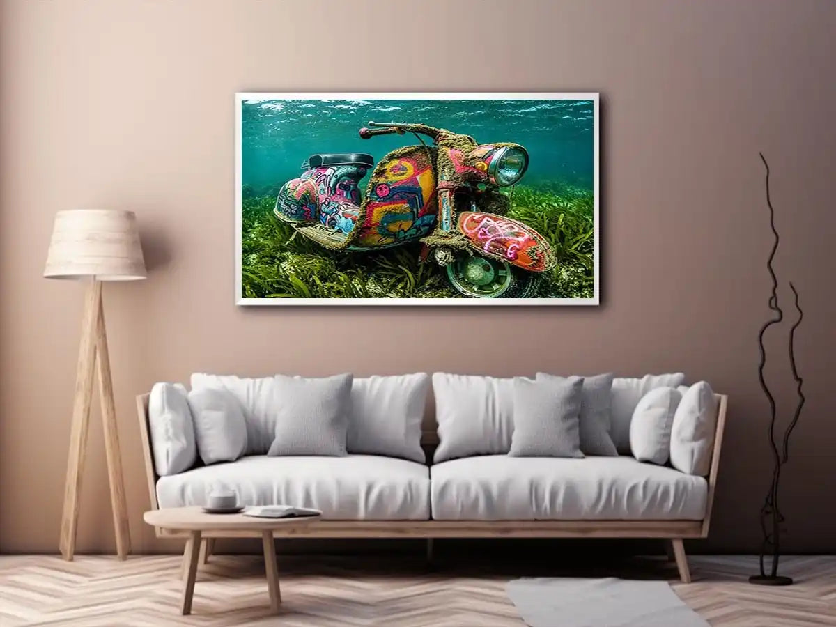 Underwater graffiti scooter canvas art for gaming room or modern office wall decor.