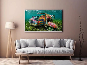 Underwater graffiti scooter canvas art for gaming room or modern office wall decor.