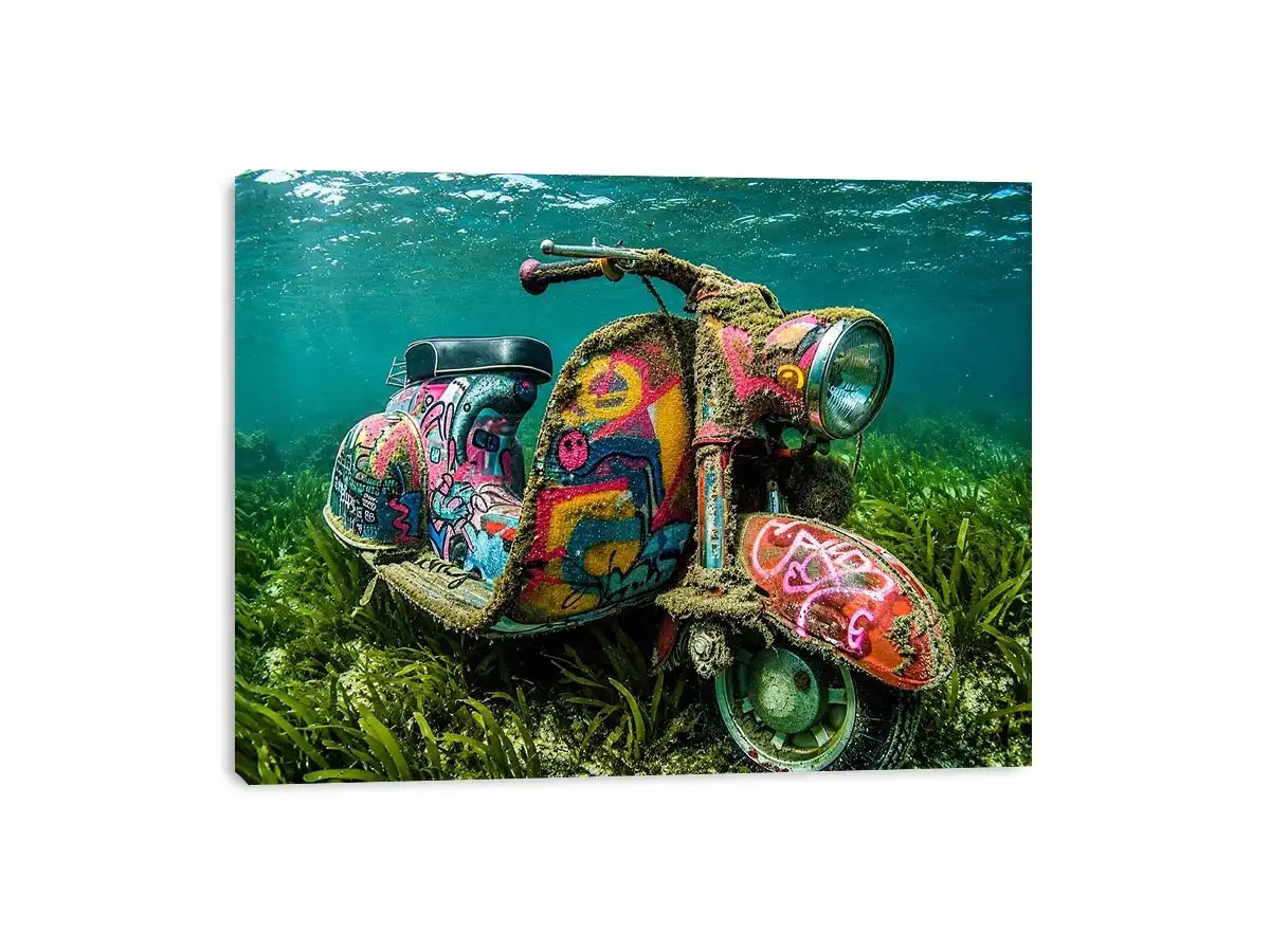 Underwater graffiti scooter canvas art for gaming room or modern office wall decor.
