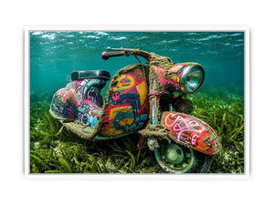Underwater graffiti scooter canvas art for gaming room or modern office wall decor.