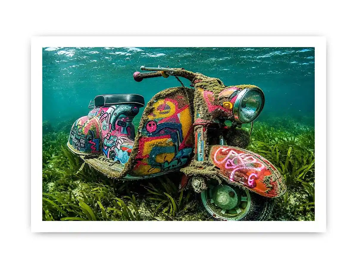 Underwater graffiti scooter canvas art for gaming room or modern office wall decor.
