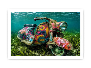 Underwater graffiti scooter canvas art for gaming room or modern office wall decor.