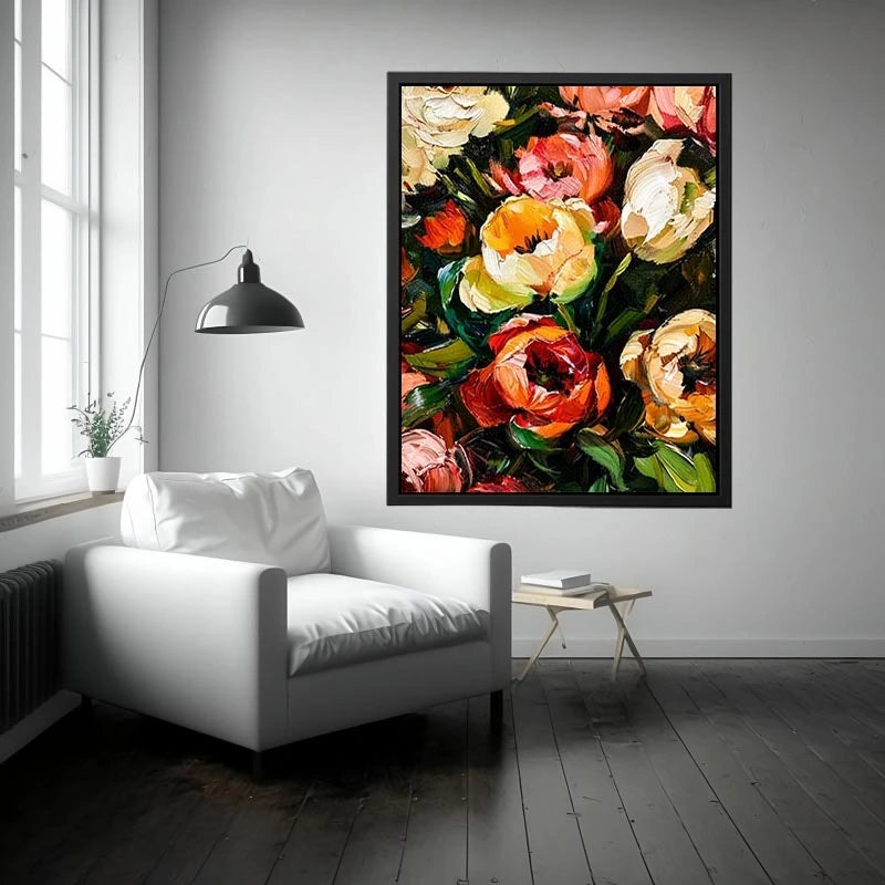 Luxury floral impasto canvas art for elegant living room or dining room wall decor.