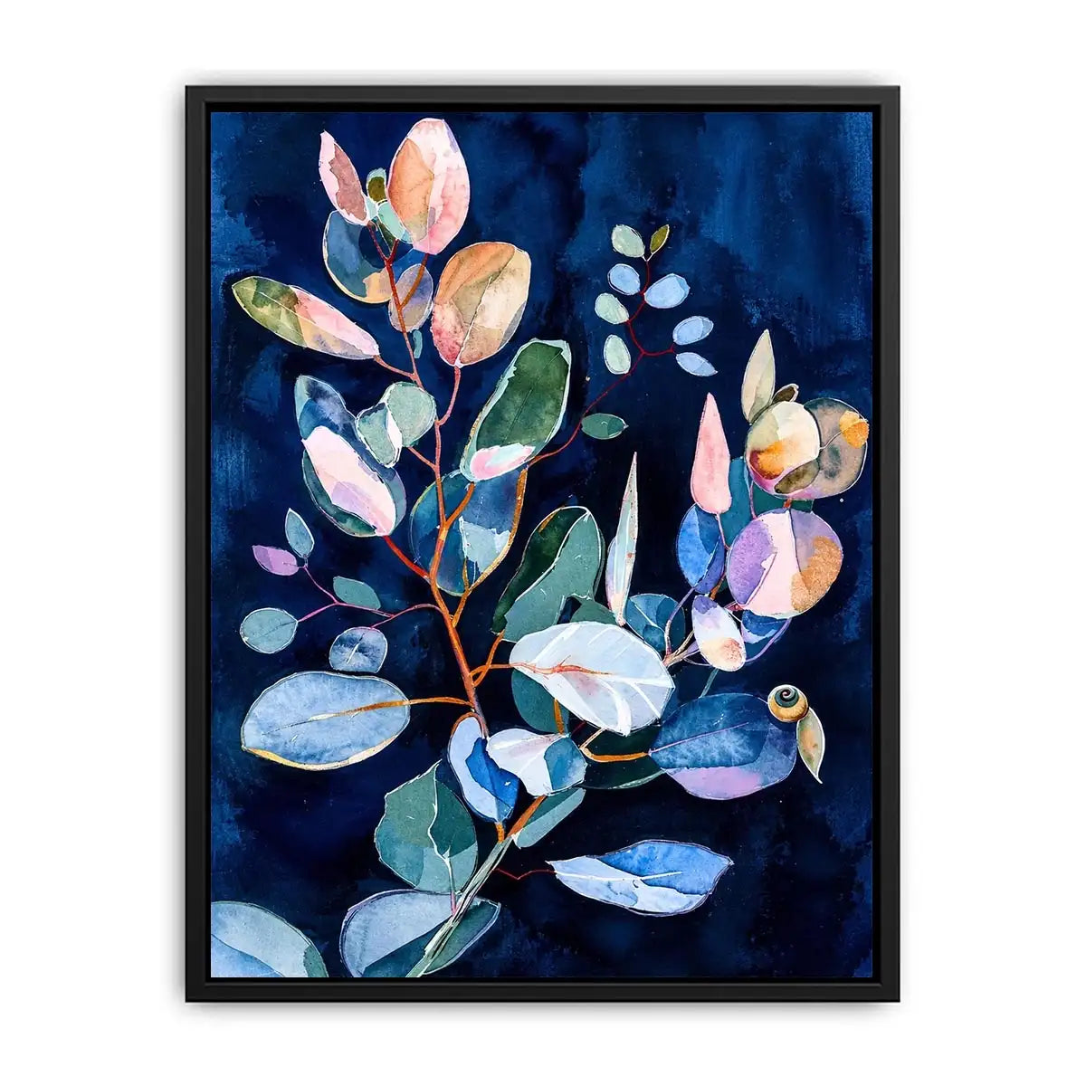 Midnight botanical watercolor canvas art for elegant bedroom or living room decor.