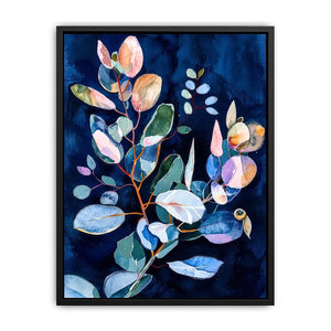 Midnight botanical watercolor canvas art for elegant bedroom or living room decor.