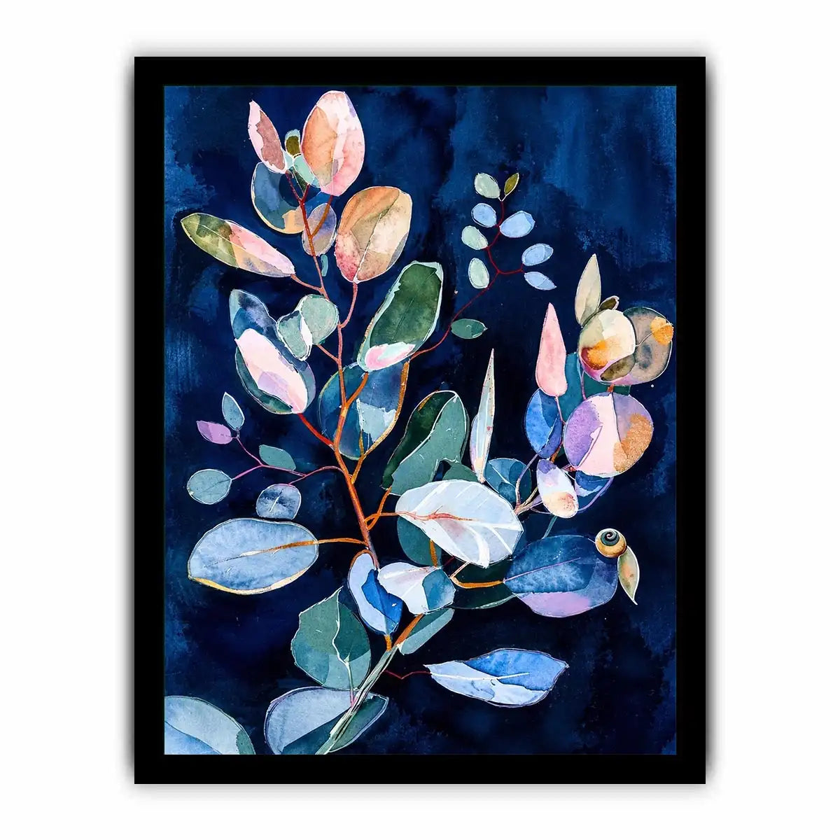 Midnight botanical watercolor canvas art for elegant bedroom or living room decor.