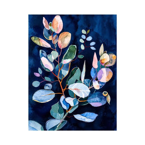 Midnight botanical watercolor canvas art for elegant bedroom or living room decor.