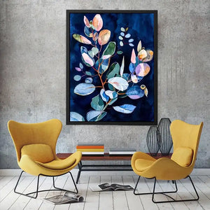 Midnight botanical watercolor canvas art for elegant bedroom or living room decor.