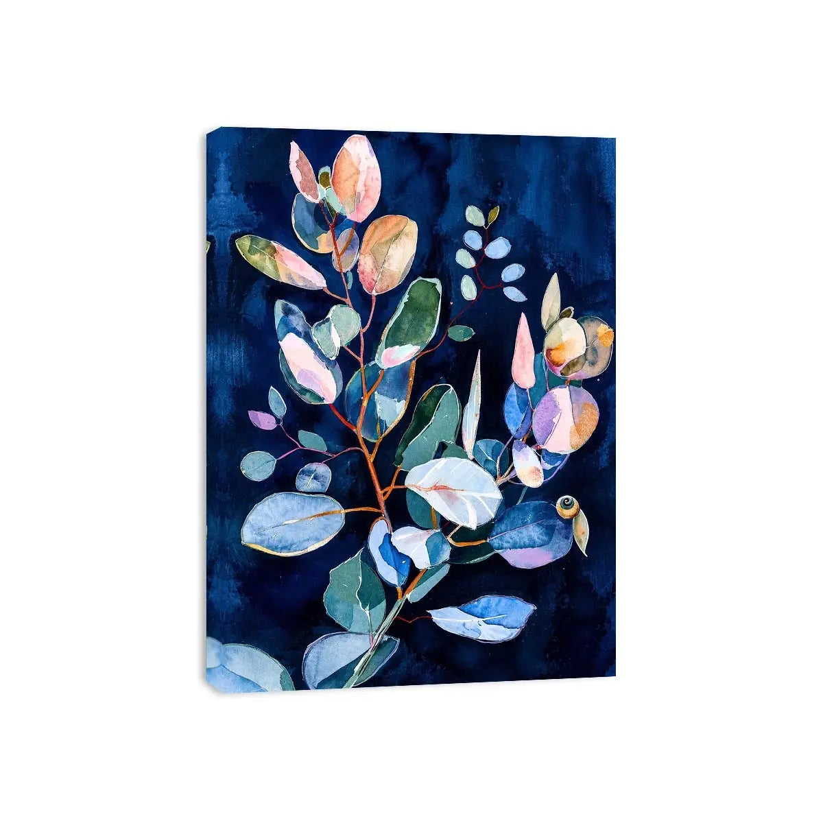 Midnight botanical watercolor canvas art for elegant bedroom or living room decor.